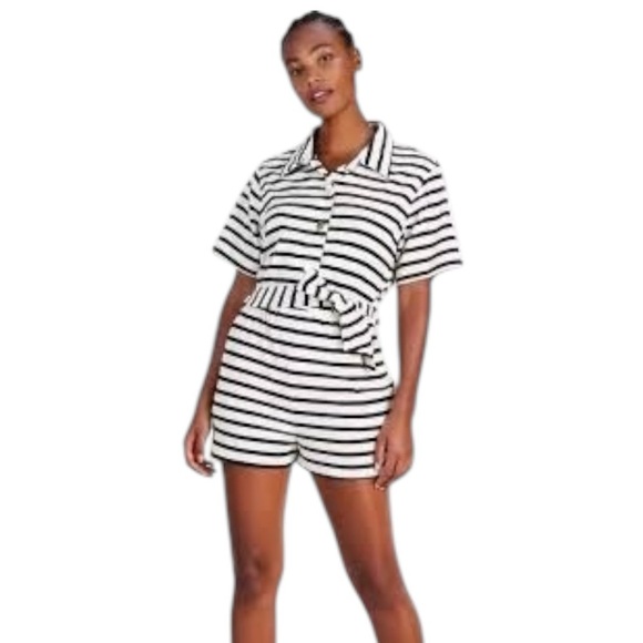 KATE SPADE Breton Stripe Cover-up Romper Terry Cloth Black White S Pool Beach - Picture 2 of 8
